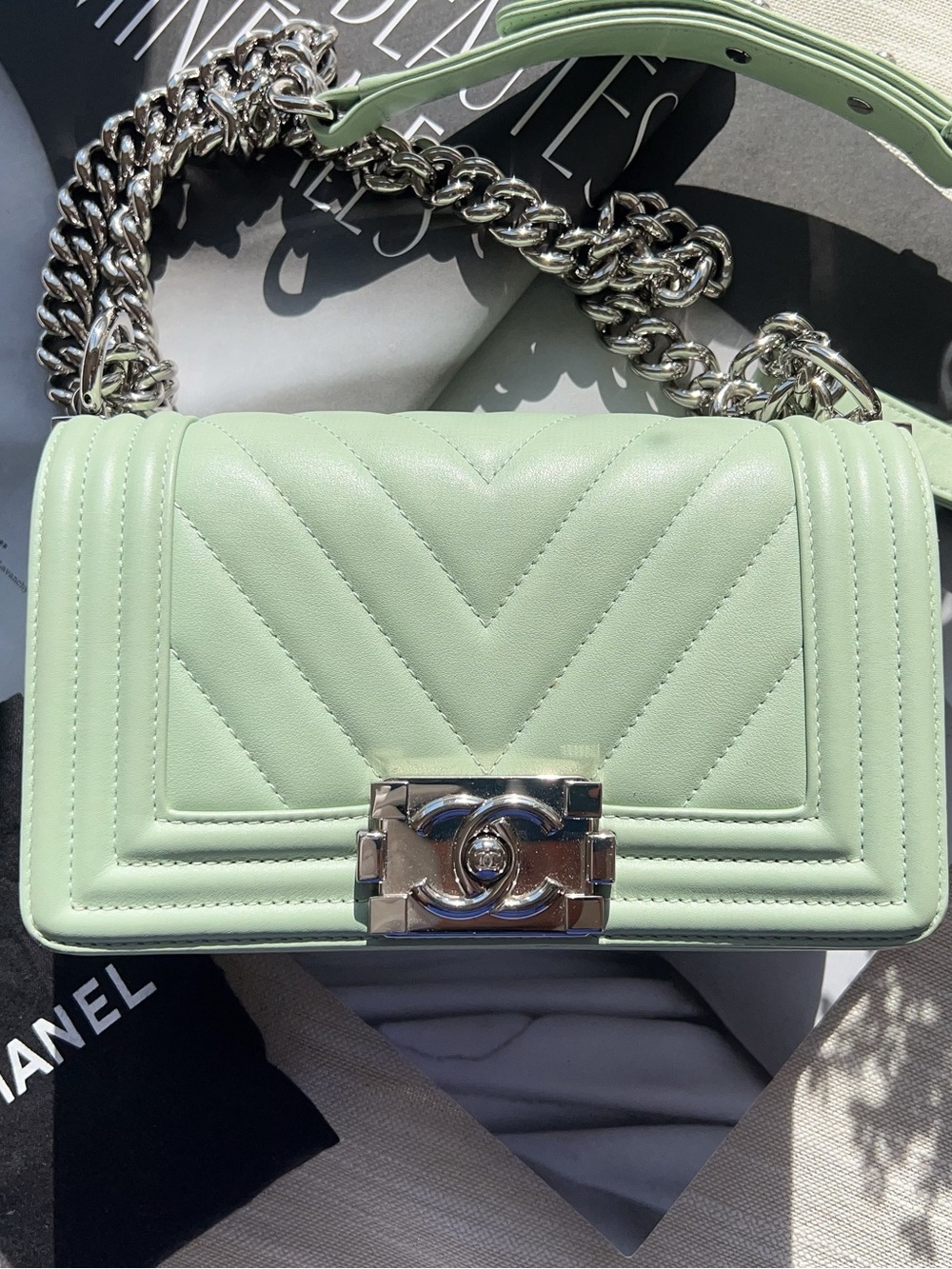 Chanel Calfskin Small Chevron Boy Bag Green